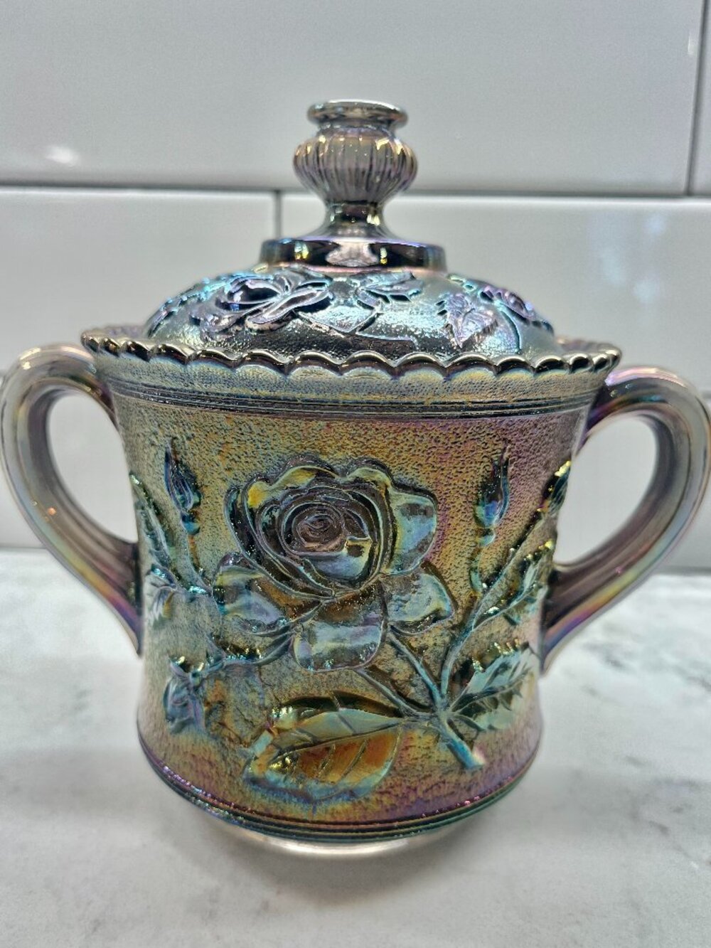 Imperial Glass-Ohio Carnival Glass Lidded Sugar Bowl in "Open Rose"
